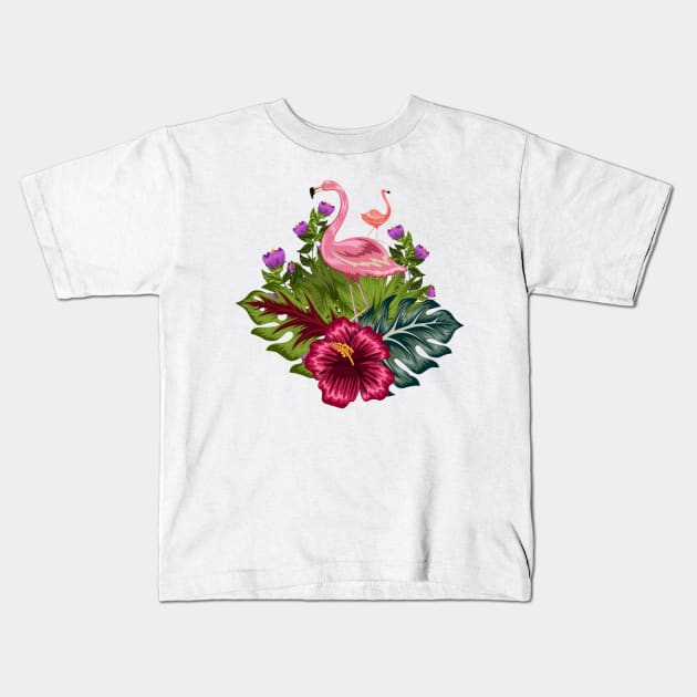 flamant rose fleurs tropicales Kids T-Shirt by JUSTstore